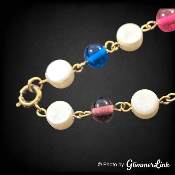 Vintage Long Multicolor Beaded Wire Faux Pearl Flapper Style Gold Tone Necklace - Picture 5 of 11